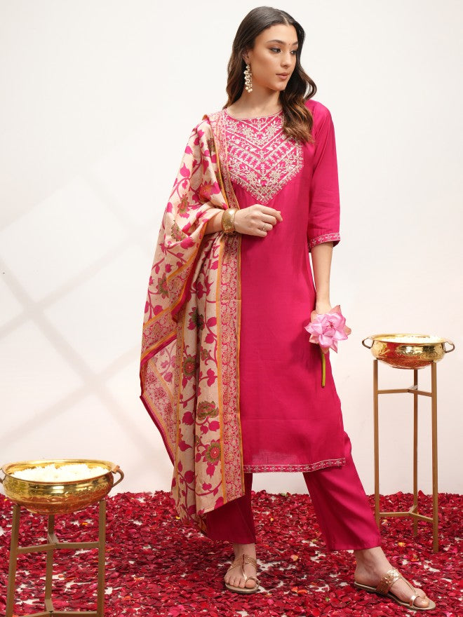 Vishudh Women Pink Embroidered Kurta With Trouser And Dupatta - Pink - Image 1