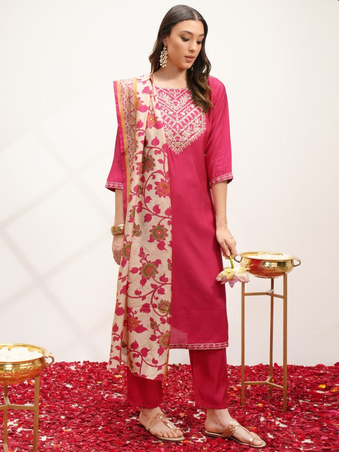 Vishudh Women Pink Embroidered Kurta With Trouser And Dupatta - Pink - Image 2
