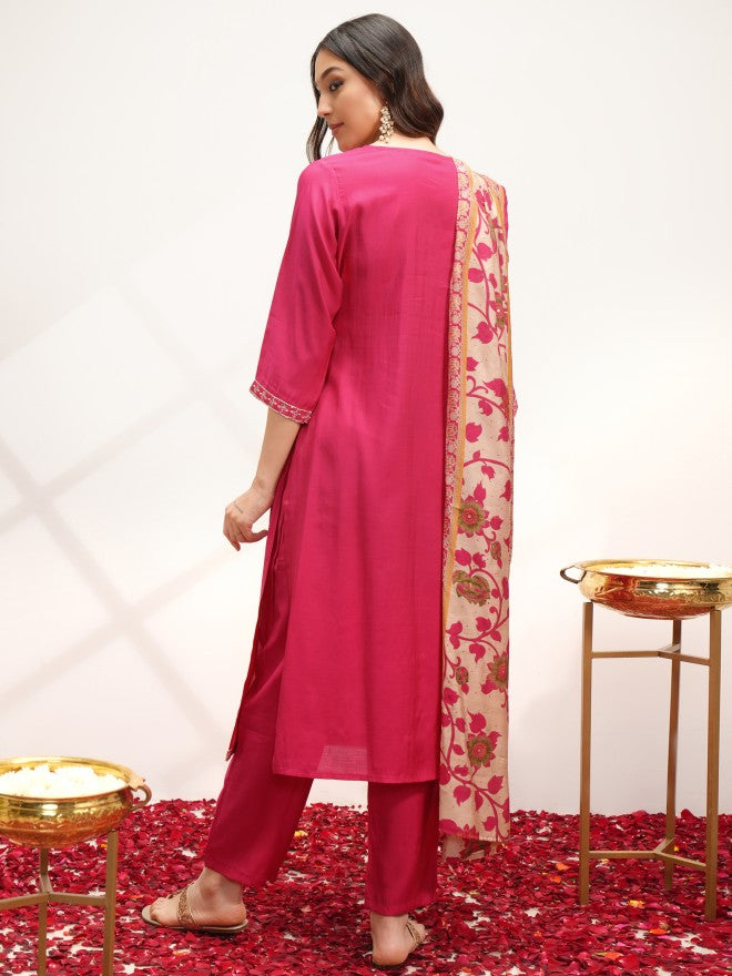 Vishudh Women Pink Embroidered Kurta With Trouser And Dupatta - Pink - Image 3