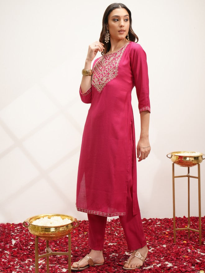 Vishudh Women Pink Embroidered Kurta With Trouser And Dupatta - Pink - Image 4