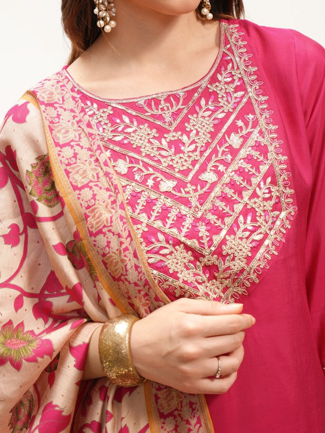 Vishudh Women Pink Embroidered Kurta With Trouser And Dupatta - Pink - Image 5