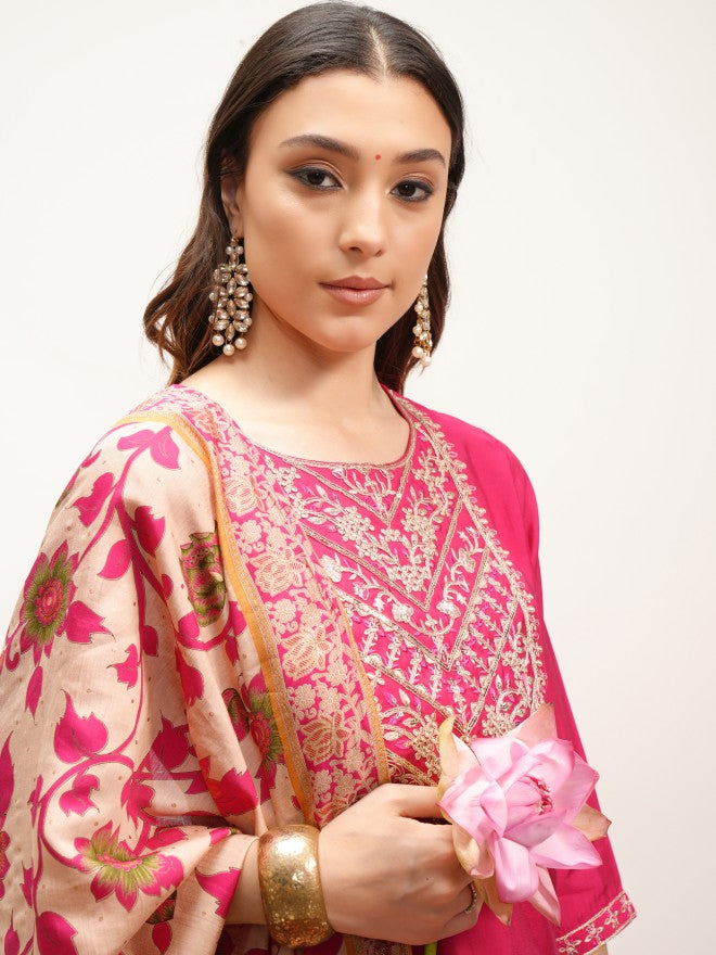 Vishudh Women Pink Embroidered Kurta With Trouser And Dupatta - Pink - Image 8