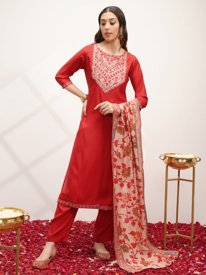 Vishudh Women Red Embroidered Kurta With Trouser And Dupatta - Red - Image 1