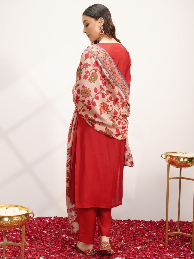 Vishudh Women Red Embroidered Kurta With Trouser And Dupatta - Red - Image 3