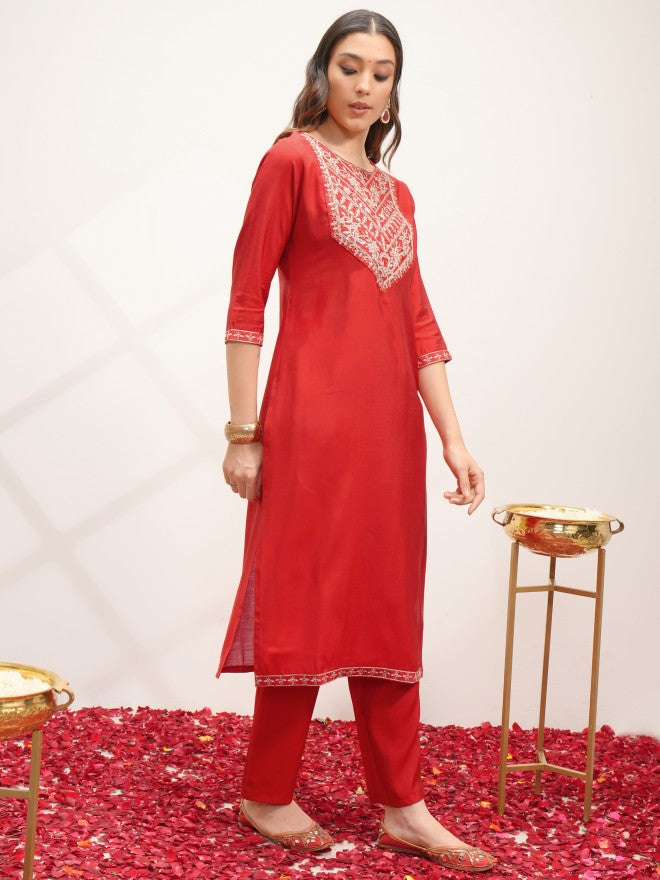 Vishudh Women Red Embroidered Kurta With Trouser And Dupatta - Red - Image 4