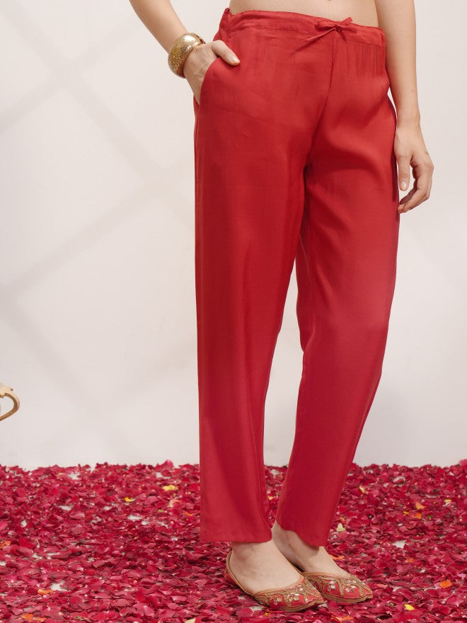 Vishudh Women Red Embroidered Kurta With Trouser And Dupatta - Red - Image 7