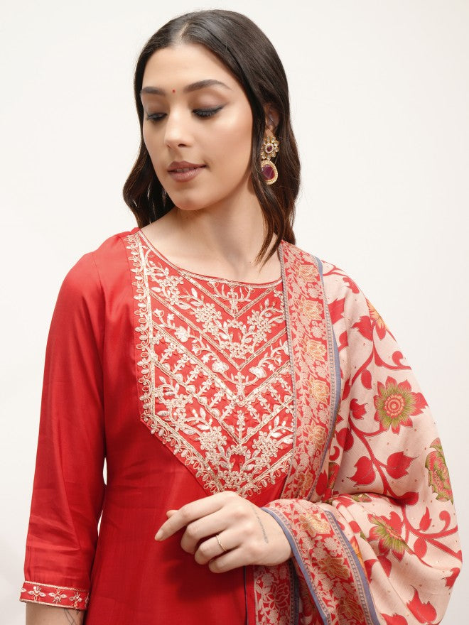 Vishudh Women Red Embroidered Kurta With Trouser And Dupatta - Red - Image 8