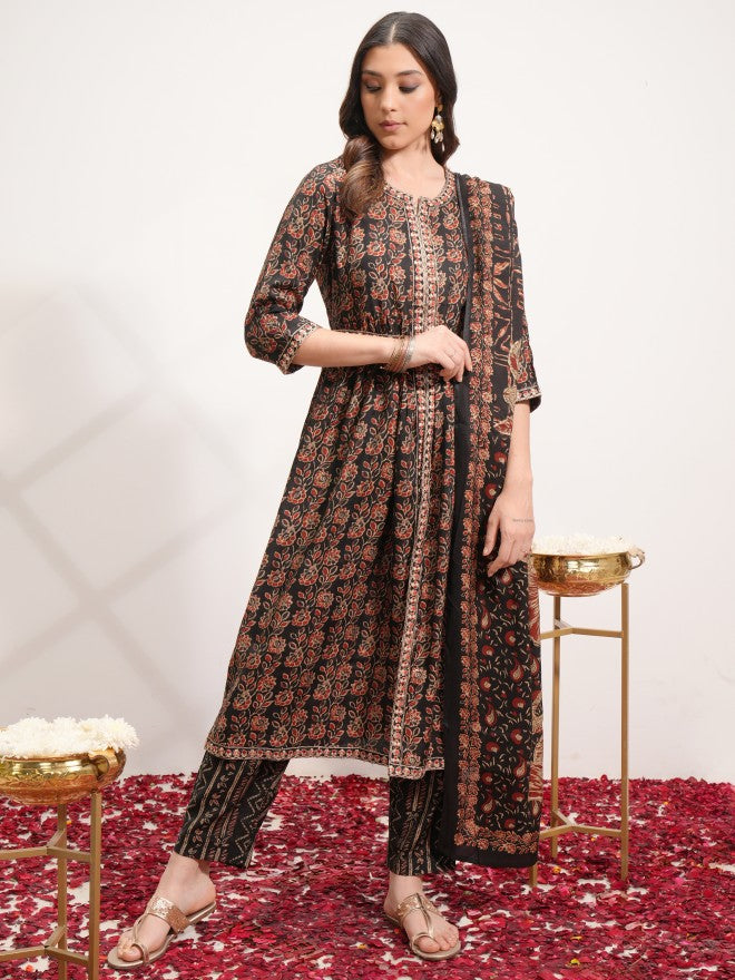 Vishudh Women Black Printed Kurta With Trouser And Dupatta - Black - Image 1