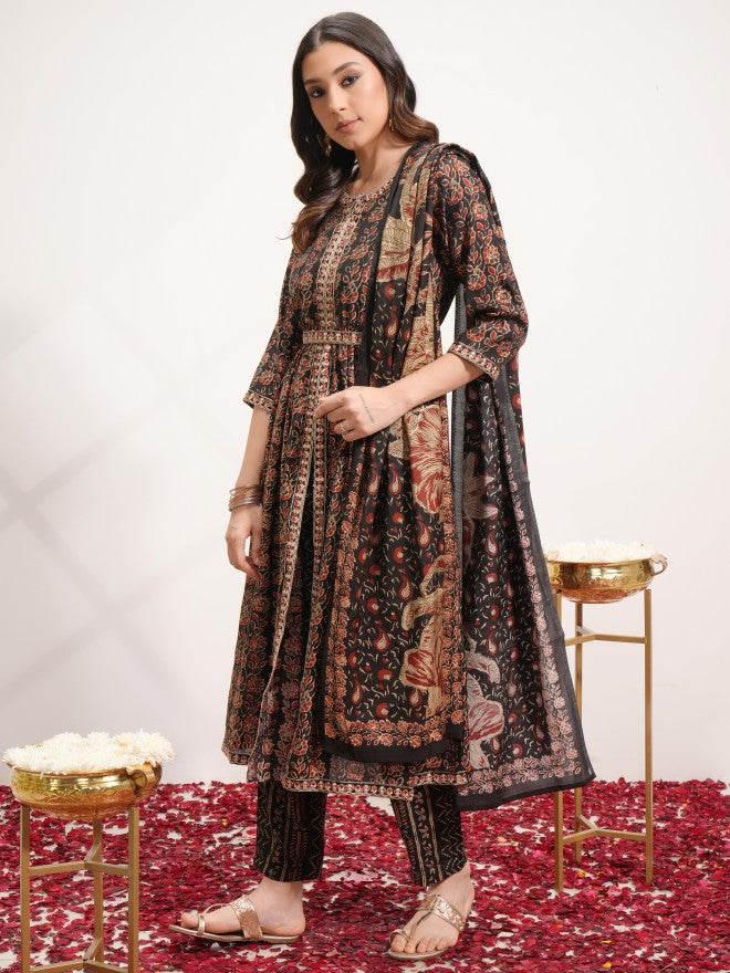 Vishudh Women Black Printed Kurta With Trouser And Dupatta - Black - Image 2