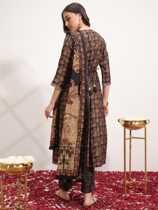 Vishudh Women Black Printed Kurta With Trouser And Dupatta - Black - Image 3