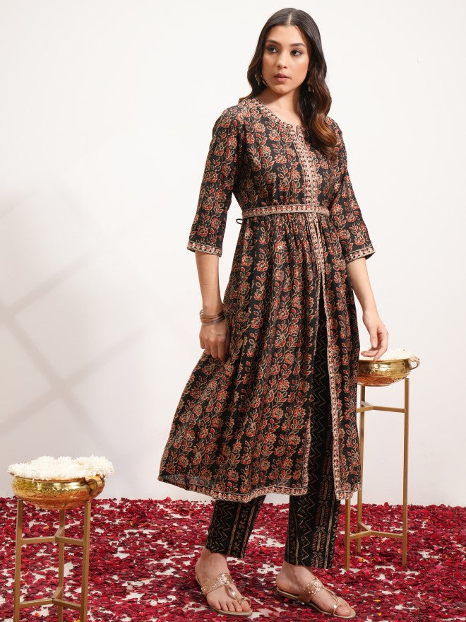 Vishudh Women Black Printed Kurta With Trouser And Dupatta - Black - Image 4