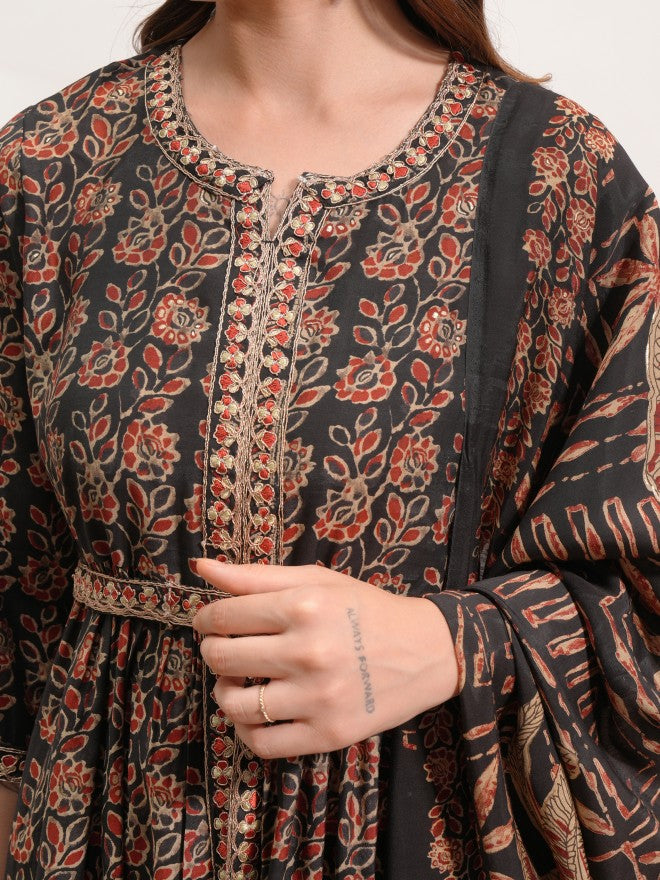 Vishudh Women Black Printed Kurta With Trouser And Dupatta - Black - Image 5