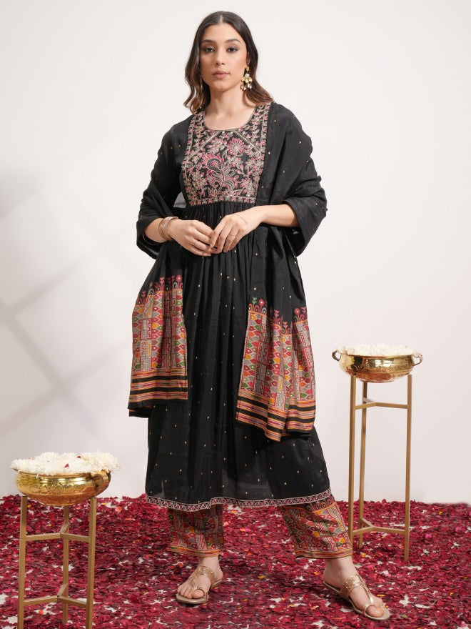 Vishudh Women Black Embroidered Kurta With Trouser And Dupatta - Black - Image 1