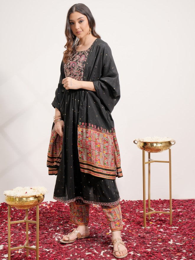 Vishudh Women Black Embroidered Kurta With Trouser And Dupatta - Black - Image 2