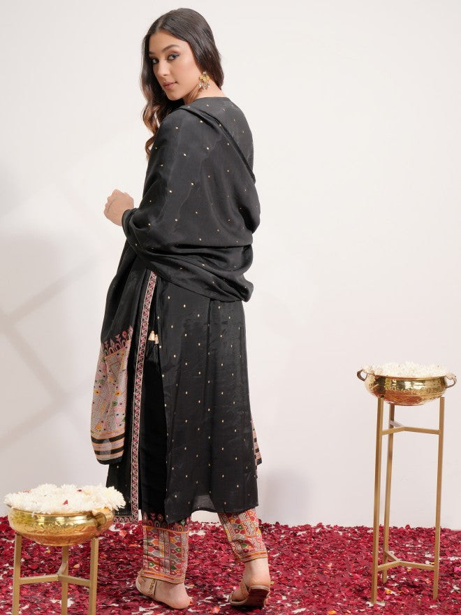 Vishudh Women Black Embroidered Kurta With Trouser And Dupatta - Black - Image 3
