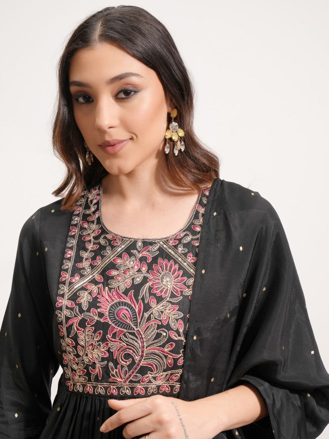 Vishudh Women Black Embroidered Kurta With Trouser And Dupatta - Black - Image 8