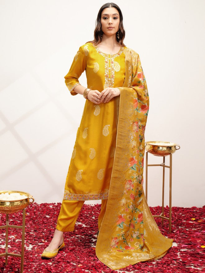Vishudh Women Yellow Kurta With Trouser And Dupatta - Yellow - Image 1