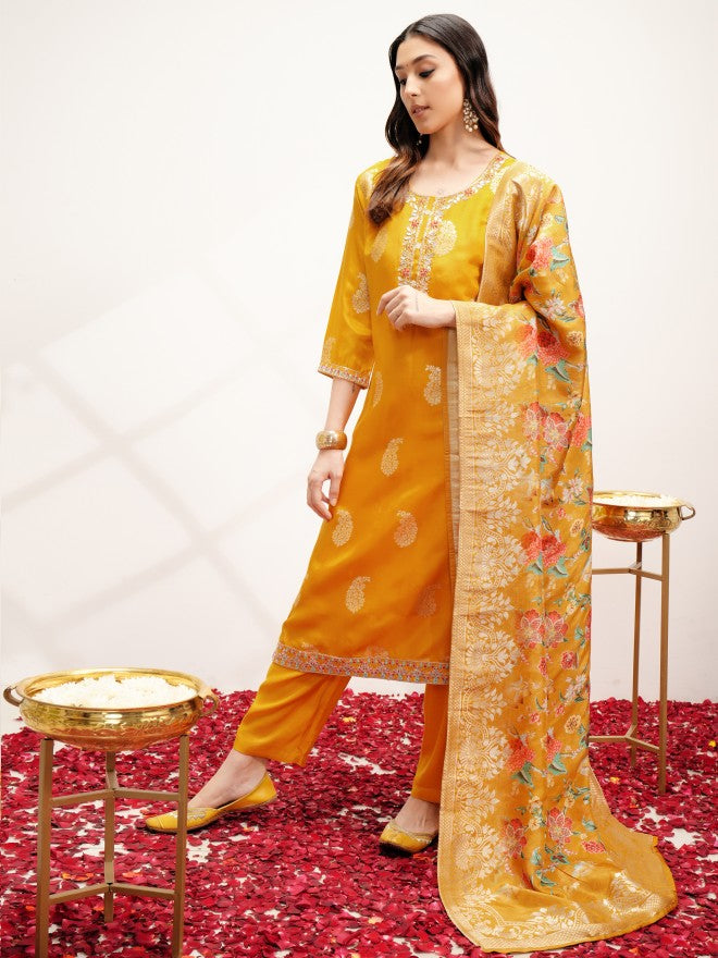 Vishudh Women Yellow Kurta With Trouser And Dupatta - Yellow - Image 2
