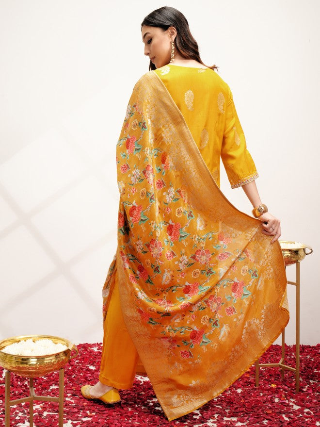 Vishudh Women Yellow Kurta With Trouser And Dupatta - Yellow - Image 3