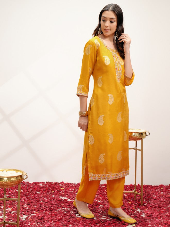 Vishudh Women Yellow Kurta With Trouser And Dupatta - Yellow - Image 4