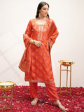 Vishudh Women Orange Embroidered Kurta With Trouser And Dupatta - Orange - Image 1