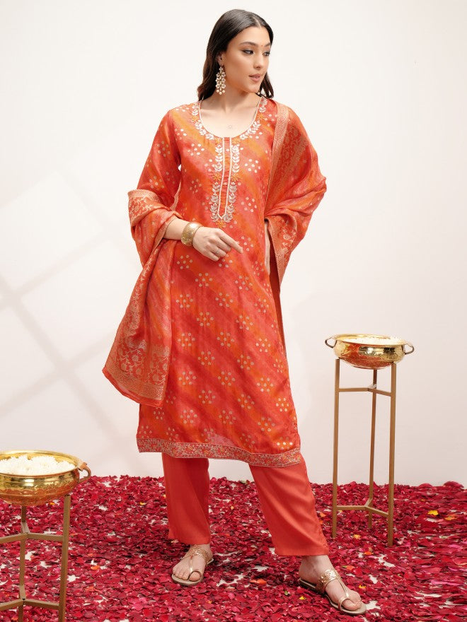 Vishudh Women Orange Embroidered Kurta With Trouser And Dupatta - Orange - Image 1