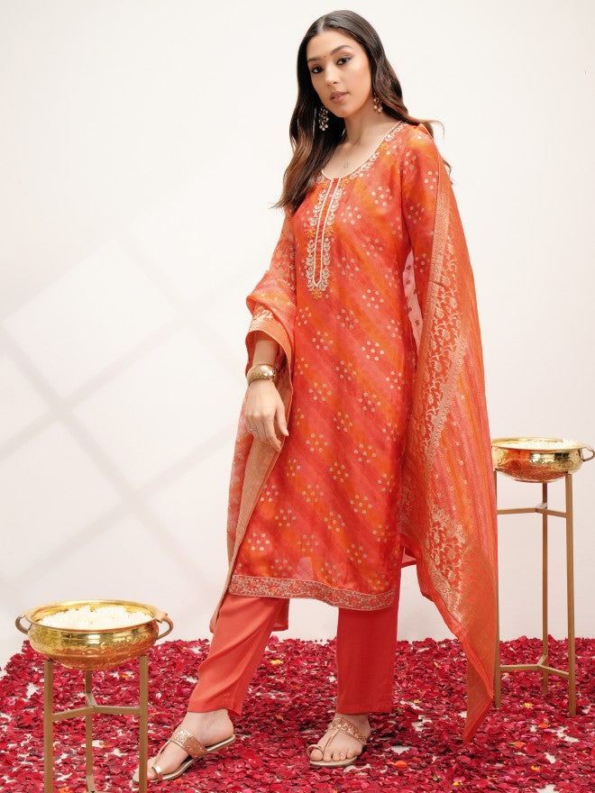 Vishudh Women Orange Embroidered Kurta With Trouser And Dupatta - Orange - Image 2