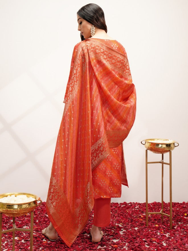 Vishudh Women Orange Embroidered Kurta With Trouser And Dupatta - Orange - Image 3