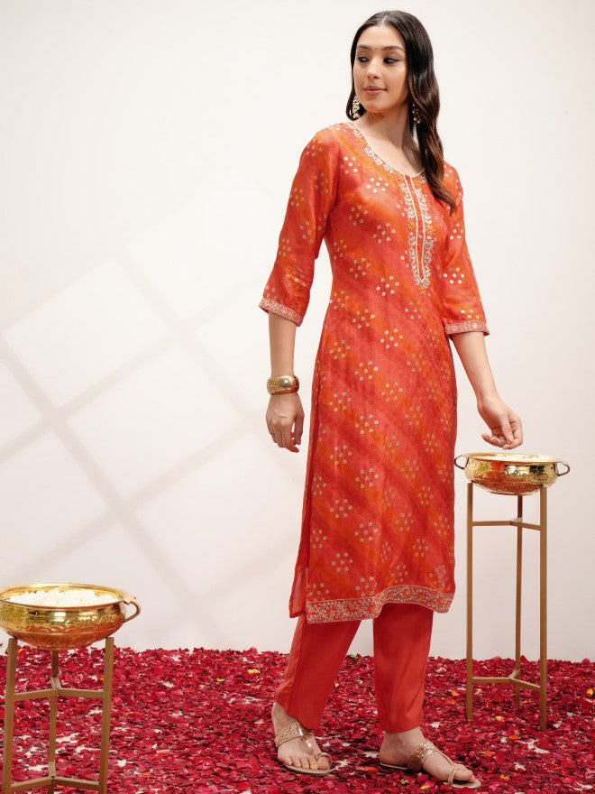 Vishudh Women Orange Embroidered Kurta With Trouser And Dupatta - Orange - Image 4