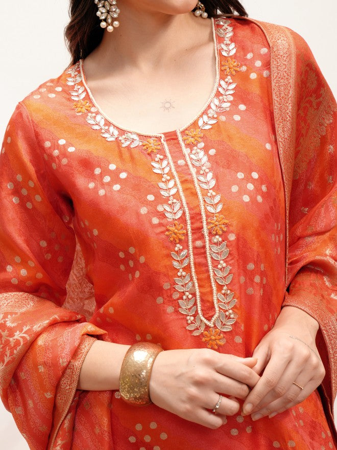 Vishudh Women Orange Embroidered Kurta With Trouser And Dupatta - Orange - Image 5
