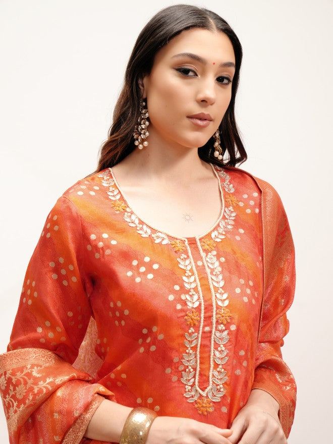 Vishudh Women Orange Embroidered Kurta With Trouser And Dupatta - Orange - Image 8