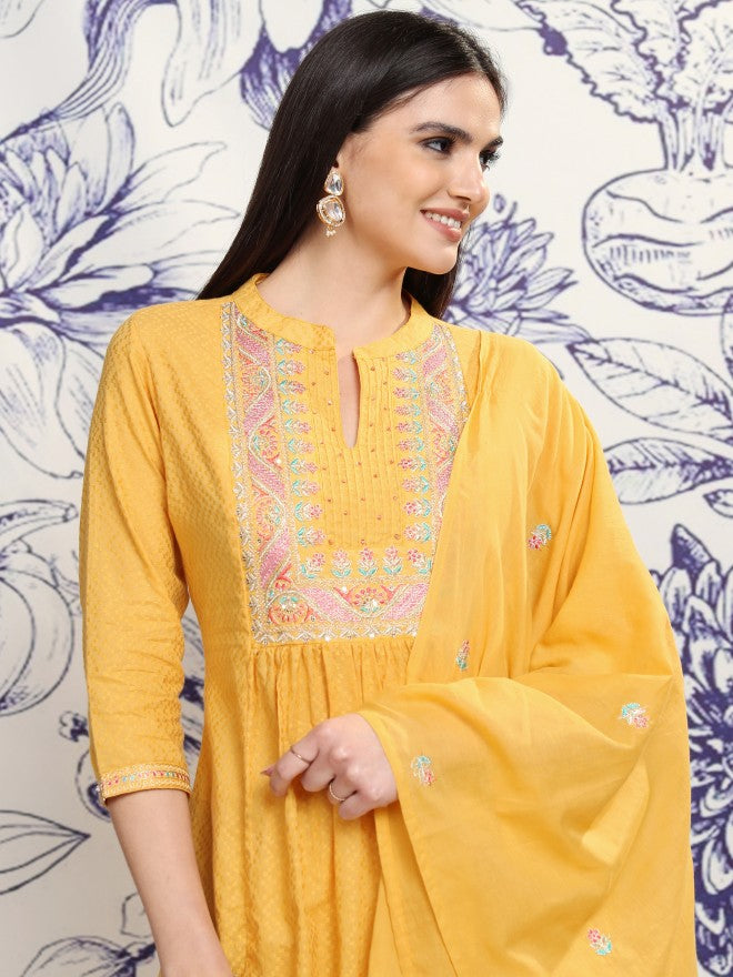 Vishudh Women Mustard Embroidered Kurta With Trouser And Dupatta - Mustard - Image 1