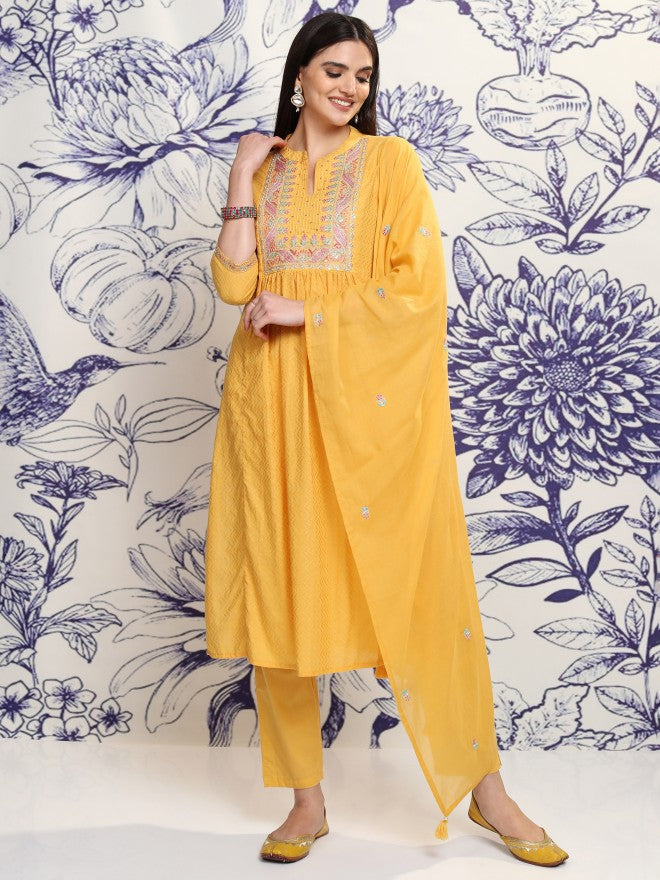 Vishudh Women Mustard Embroidered Kurta With Trouser And Dupatta - Mustard - Image 2