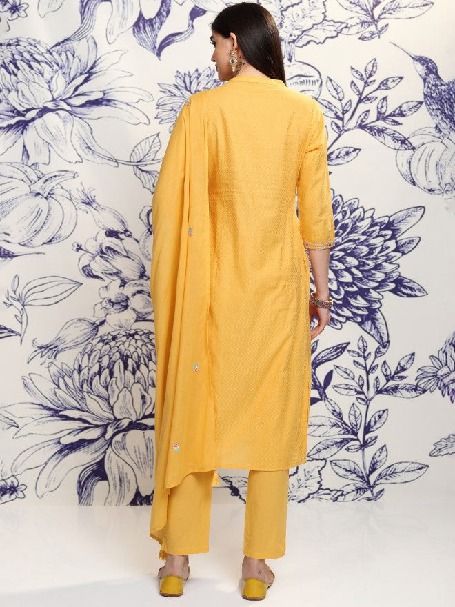 Vishudh Women Mustard Embroidered Kurta With Trouser And Dupatta - Mustard - Image 3