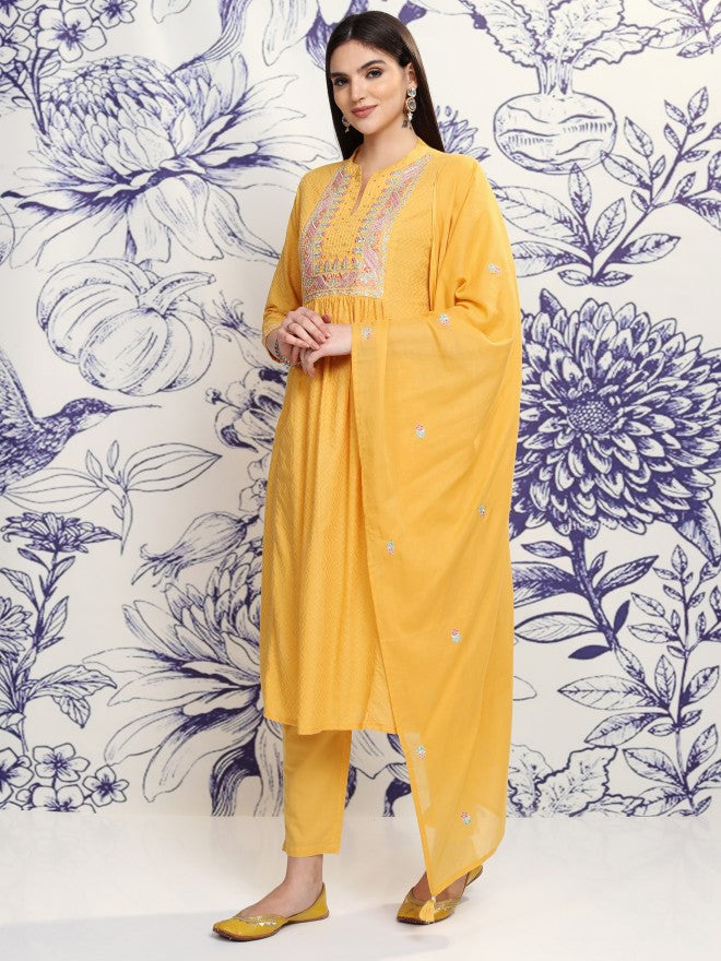 Vishudh Women Mustard Embroidered Kurta With Trouser And Dupatta - Mustard - Image 4