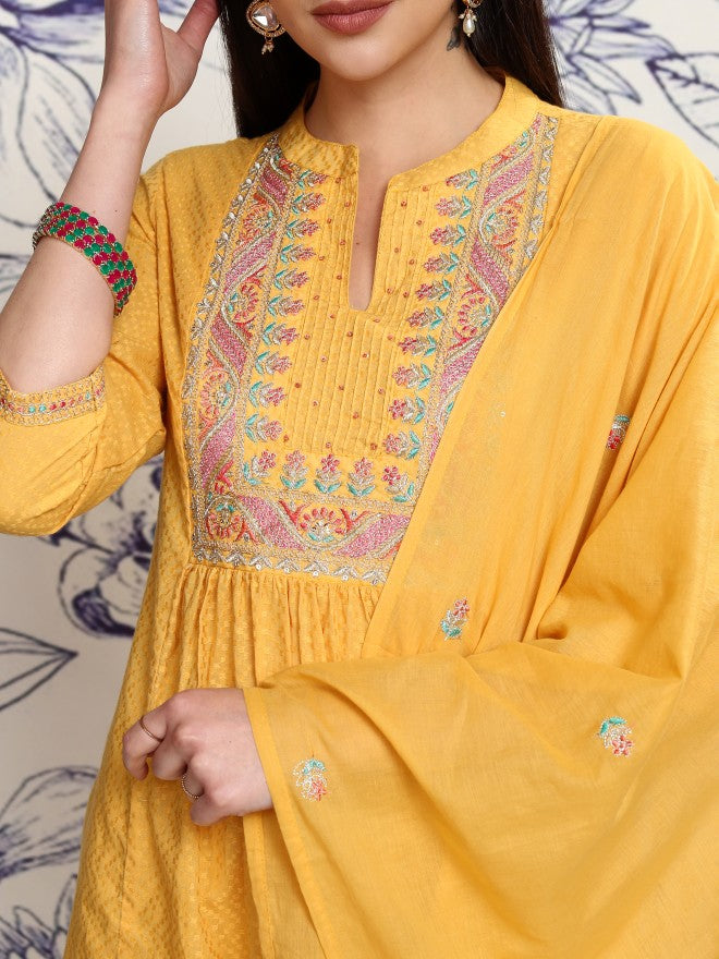 Vishudh Women Mustard Embroidered Kurta With Trouser And Dupatta - Mustard - Image 5