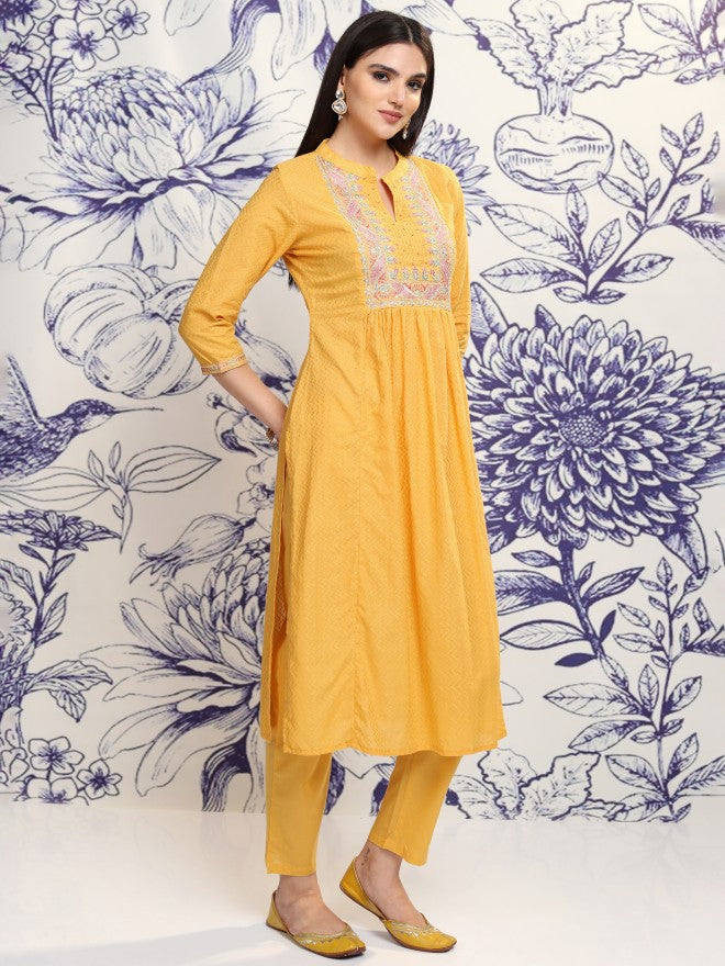 Vishudh Women Mustard Embroidered Kurta With Trouser And Dupatta - Mustard - Image 6