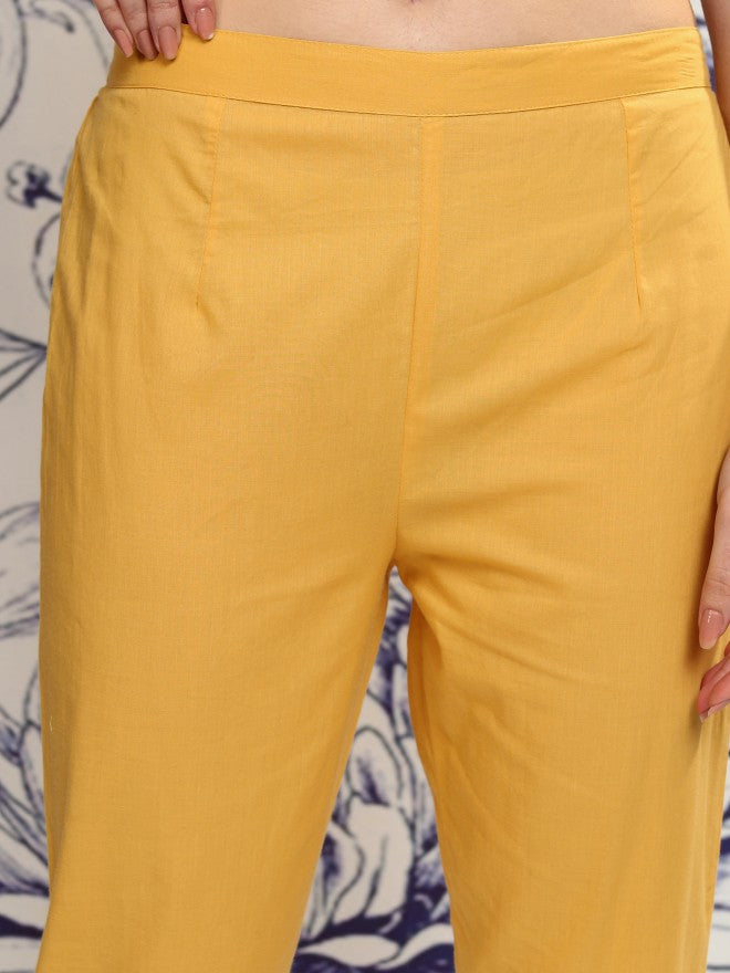 Vishudh Women Mustard Embroidered Kurta With Trouser And Dupatta - Mustard - Image 7