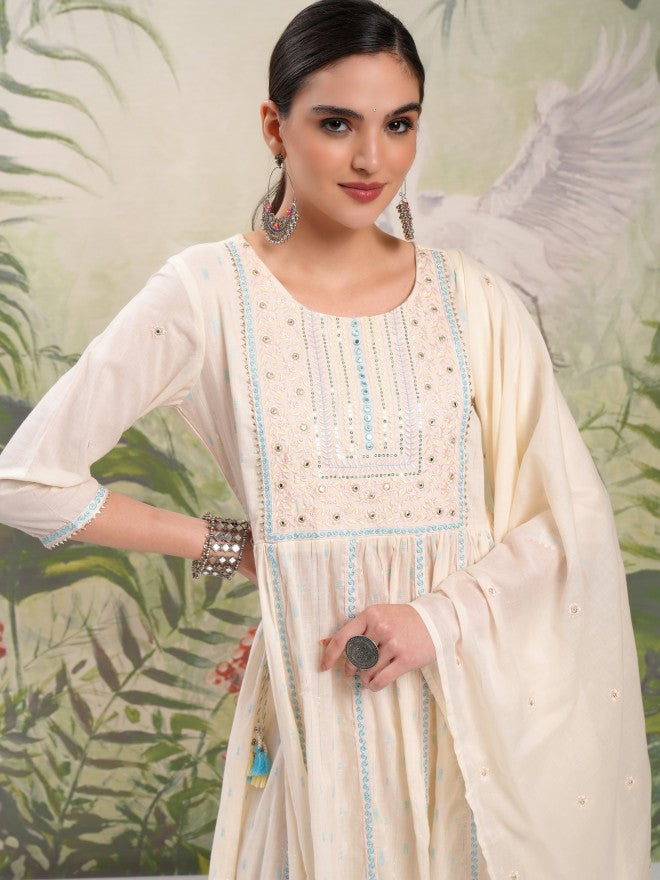 Vishudh Women Cream Embroidered Kurta With Trouser And Dupatta - Cream - Image 1