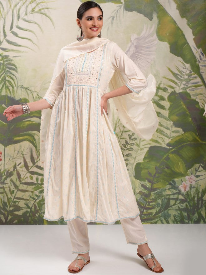 Vishudh Women Cream Embroidered Kurta With Trouser And Dupatta - Cream - Image 2