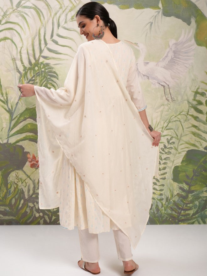 Vishudh Women Cream Embroidered Kurta With Trouser And Dupatta - Cream - Image 3