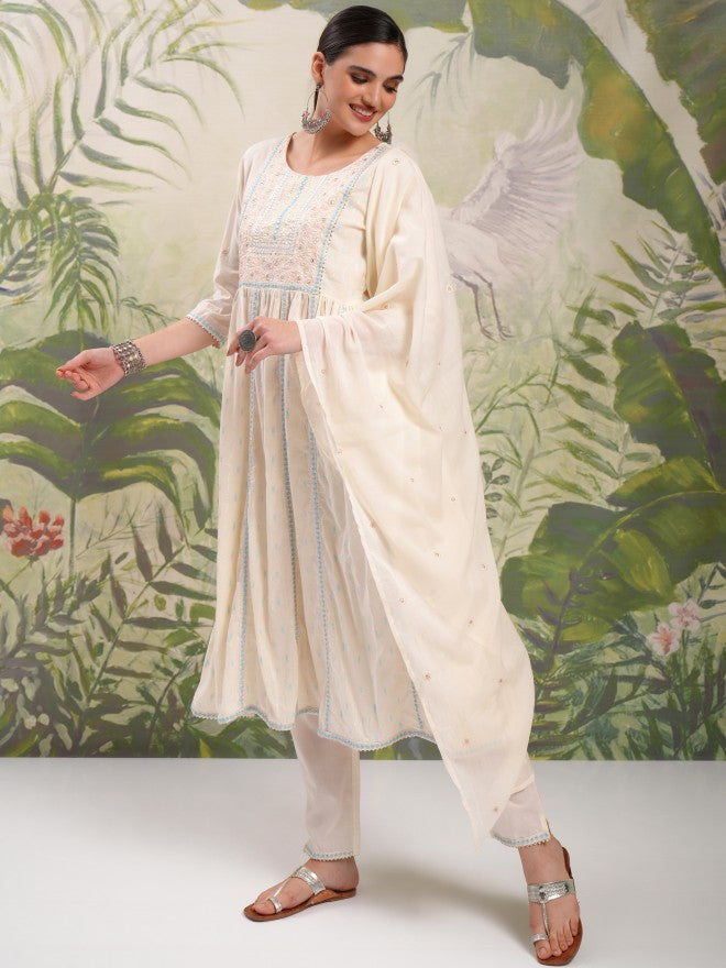 Vishudh Women Cream Embroidered Kurta With Trouser And Dupatta - Cream - Image 4