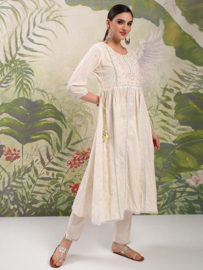 Vishudh Women Cream Embroidered Kurta With Trouser And Dupatta - Cream - Image 6