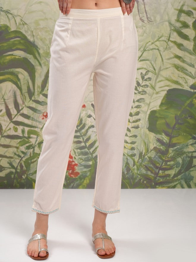Vishudh Women Cream Embroidered Kurta With Trouser And Dupatta - Cream - Image 7