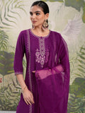Vishudh Women Purple Embroidered Kurta With Trouser And Dupatta - Purple - Image 1