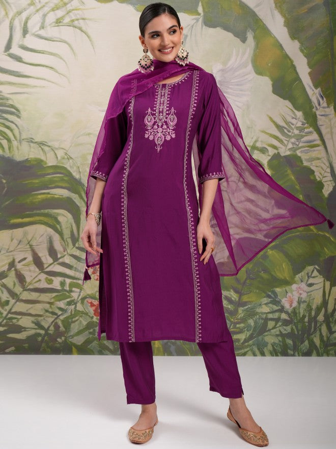Vishudh Women Purple Embroidered Kurta With Trouser And Dupatta - Purple - Image 2
