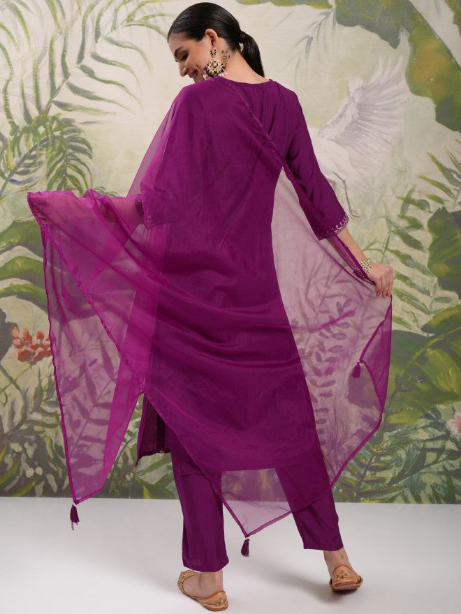 Vishudh Women Purple Embroidered Kurta With Trouser And Dupatta - Purple - Image 3