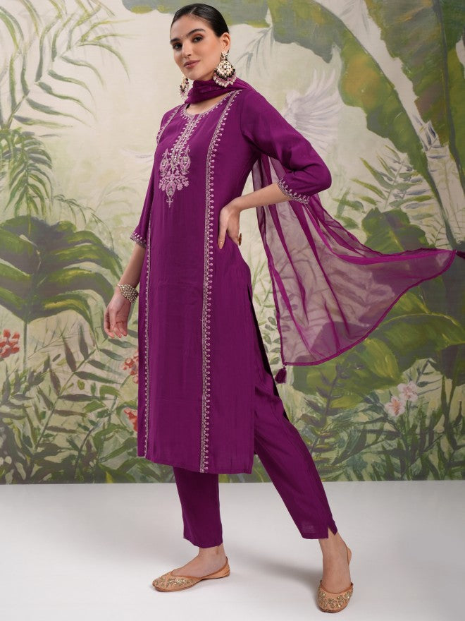 Vishudh Women Purple Embroidered Kurta With Trouser And Dupatta - Purple - Image 4