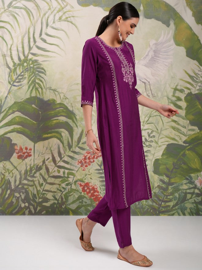 Vishudh Women Purple Embroidered Kurta With Trouser And Dupatta - Purple - Image 6