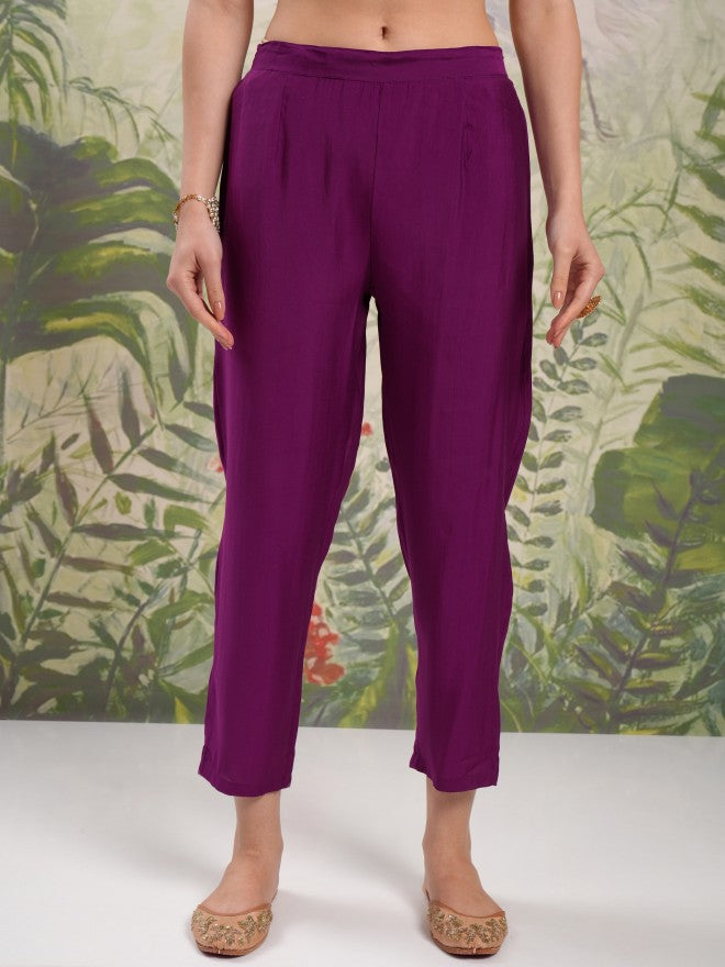 Vishudh Women Purple Embroidered Kurta With Trouser And Dupatta - Purple - Image 7